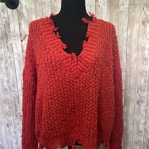 Miracle Sweaters - Miracle‎ Orange V-Neck Sweater with Chunky Knit
